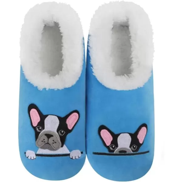 Snoozies Pairable Slipper Socks - Funny House Slippers for Women, Non-Slip Fuzzy Slipper Socks - Blue Frenchie