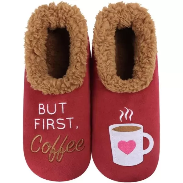Snoozies Pairable Slipper Socks - Funny House Slippers for Women, Non-Slip Fuzzy Slipper Socks - But First, Coffee 