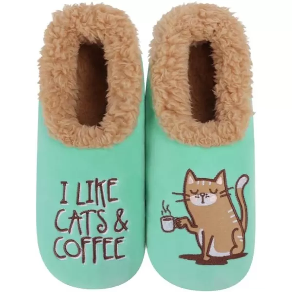 Snoozies Pairable Slipper Socks - Funny House Slippers for Women, Non-Slip Fuzzy Slipper Socks - Cats &amp; Coffee