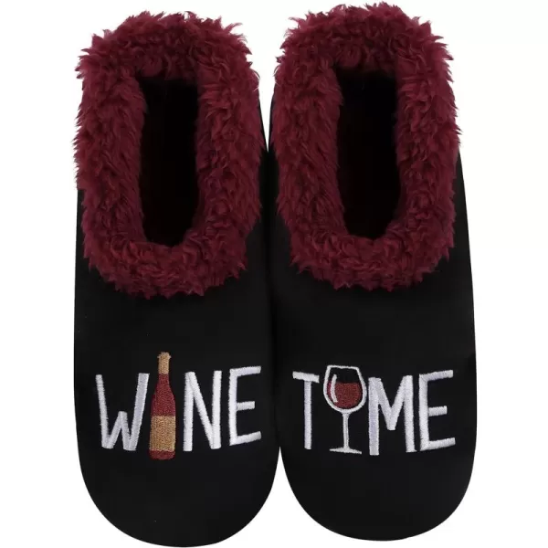 Snoozies Pairable Slipper Socks - Funny House Slippers for Women, Non-Slip Fuzzy Slipper Socks - Wine Time
