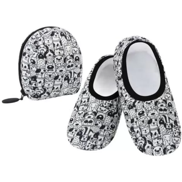 Snoozies Skinnies Slipper Socks &amp; Travel Pouch – Non Slip Socks, Foldable Slippers for Women with Travel Pouch - Black White Dogs