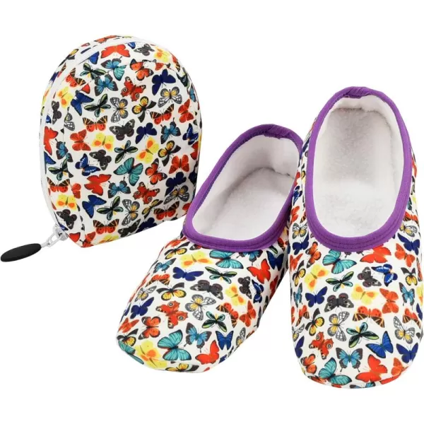 Snoozies Skinnies Slipper Socks &amp; Travel Pouch – Non Slip Socks, Foldable Slippers for Women with Travel Pouch - Butterflies