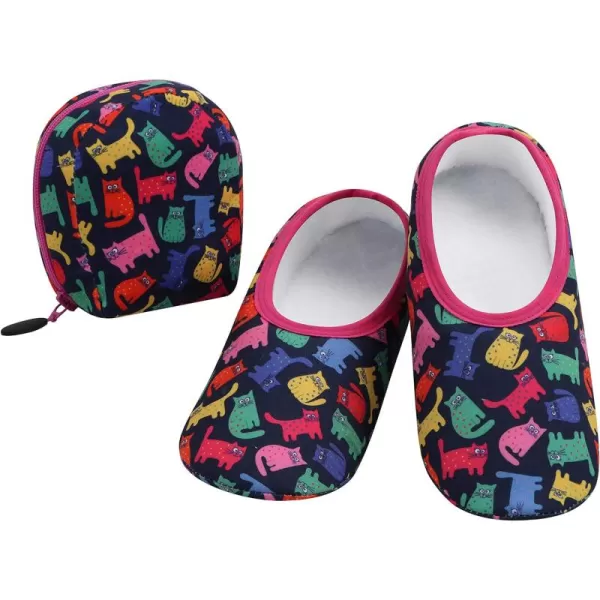 Snoozies Skinnies Slipper Socks &amp; Travel Pouch – Non Slip Socks, Foldable Slippers for Women with Travel Pouch - Cats