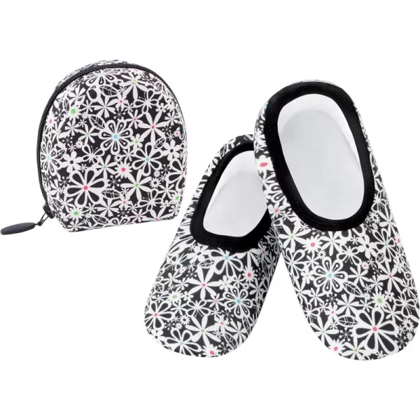 Snoozies Skinnies Slipper Socks &amp; Travel Pouch – Non Slip Socks, Foldable Slippers for Women with Travel Pouch - Mod Floral