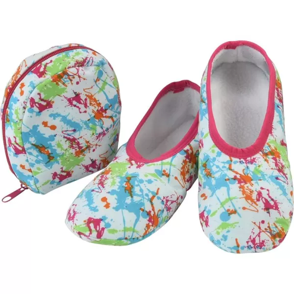 Snoozies Skinnies Slipper Socks &amp; Travel Pouch – Non Slip Socks, Foldable Slippers for Women with Travel Pouch - Splashed Paint