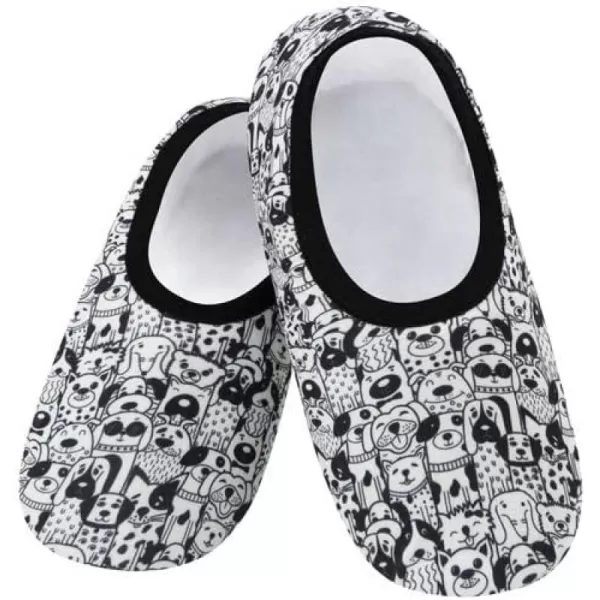 Snoozies Skinnies Slipper Socks – Cozy, Foldable Slippers for Women, Non Slip Socks for Travel &amp; Indoors - Black White Dogs - Large