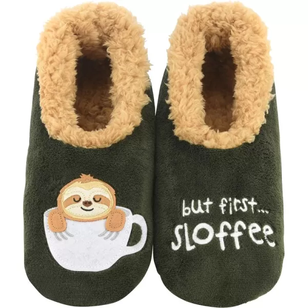 Snoozies Pairable Slipper Socks - Funny House Slippers for Women, Non-Slip Fuzzy Slipper Socks - But First Sloffee