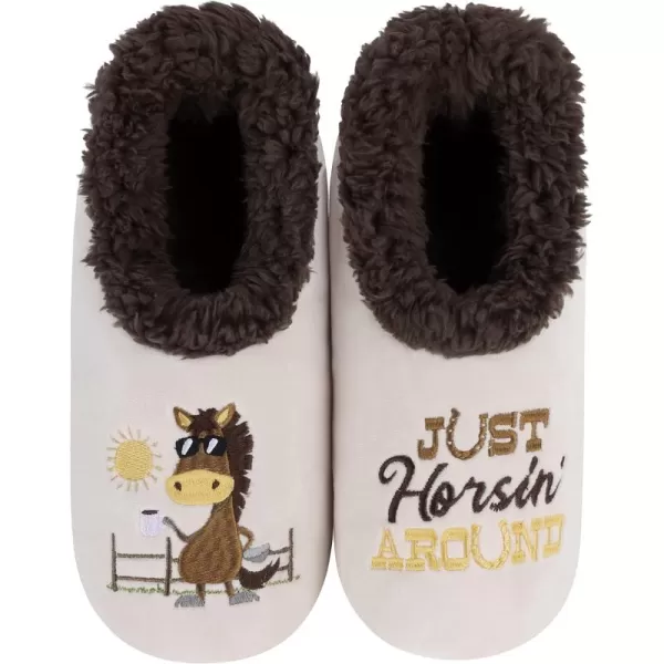Snoozies Pairable Slipper Socks - Funny House Slippers for Women, Non-Slip Fuzzy Slipper Socks - Horsin' Around