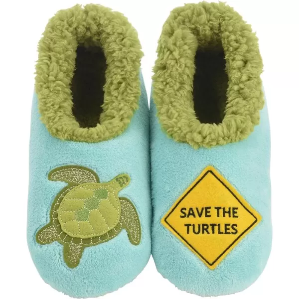 Snoozies Pairable Slipper Socks - Funny House Slippers for Women, Non-Slip Fuzzy Slipper Socks - Save The Turtles