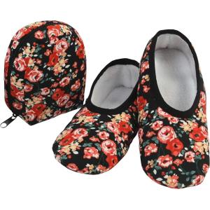 imageSnoozies Skinnies Womens Slipper Socks  NonSlip Slippers with a Lightweight Sherpa Lining  Travel Slippers with Storage PouchBotanicalrar