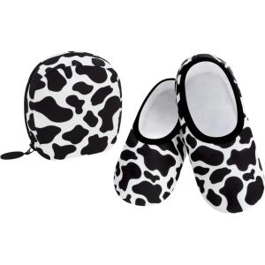 imageSnoozies Skinnies Womens Slipper Socks  NonSlip Slippers with a Lightweight Sherpa Lining  Travel Slippers with Storage PouchMoo Cow Black