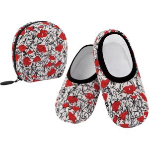 imageSnoozies Skinnies Womens Slipper Socks  NonSlip Slippers with a Lightweight Sherpa Lining  Travel Slippers with Storage PouchPoppies