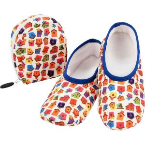 imageSnoozies Skinnies Packable and Foldable Travel Slippers for Women with Zipper Pouch Soft SherpaLined Slipper Socks NonSkidBirdh