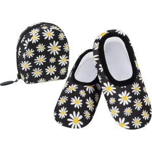 imageSnoozies Skinnies Packable and Foldable Travel Slippers for Women with Zipper Pouch Soft SherpaLined Slipper Socks NonSkidBwdaisy