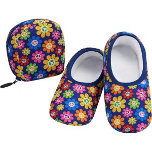 imageSnoozies Skinnies Packable and Foldable Travel Slippers for Women with Zipper Pouch Soft SherpaLined Slipper Socks NonSkidDaisy