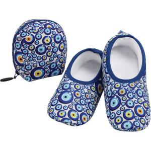 imageSnoozies Skinnies Packable and Foldable Travel Slippers for Women with Zipper Pouch Soft SherpaLined Slipper Socks NonSkidDots