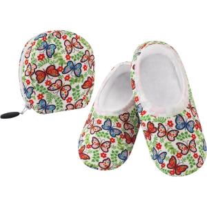 imageSnoozies Skinnies Packable and Foldable Travel Slippers for Women with Zipper Pouch Soft SherpaLined Slipper Socks NonSkidDtbflies