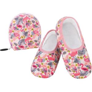 imageSnoozies Skinnies Packable and Foldable Travel Slippers for Women with Zipper Pouch Soft SherpaLined Slipper Socks NonSkidFlamg