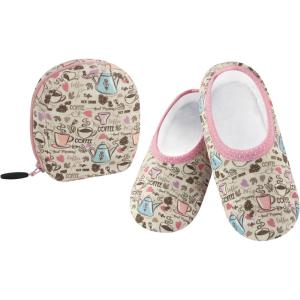 imageSnoozies Skinnies Packable and Foldable Travel Slippers for Women with Zipper Pouch Soft SherpaLined Slipper Socks NonSkidHcoffee