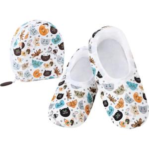 imageSnoozies Skinnies Packable and Foldable Travel Slippers for Women with Zipper Pouch Soft SherpaLined Slipper Socks NonSkidKitten