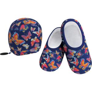 imageSnoozies Skinnies Packable and Foldable Travel Slippers for Women with Zipper Pouch Soft SherpaLined Slipper Socks NonSkidMulti Butterflies