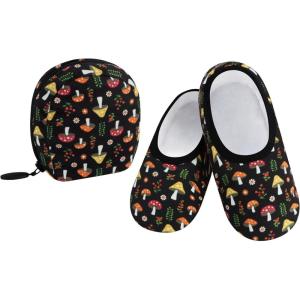 imageSnoozies Skinnies Packable and Foldable Travel Slippers for Women with Zipper Pouch Soft SherpaLined Slipper Socks NonSkidMushrm