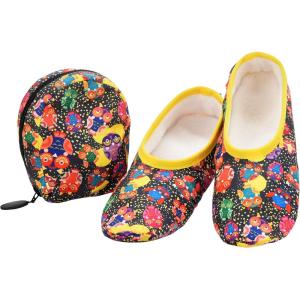 imageSnoozies Skinnies Packable and Foldable Travel Slippers for Women with Zipper Pouch Soft SherpaLined Slipper Socks NonSkidOwls