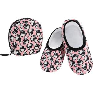 imageSnoozies Skinnies Packable and Foldable Travel Slippers for Women with Zipper Pouch Soft SherpaLined Slipper Socks NonSkidPanda