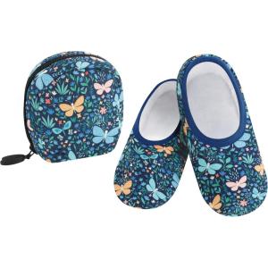 imageSnoozies Skinnies Packable and Foldable Travel Slippers for Women with Zipper Pouch Soft SherpaLined Slipper Socks NonSkidPdbfly