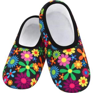 imageSnoozies Skinnies Slipper Socks Cozy Foldable Slippers for Women Non Slip Socks for Travel ampamp Indoors  Bright DaisyNeon Flowers