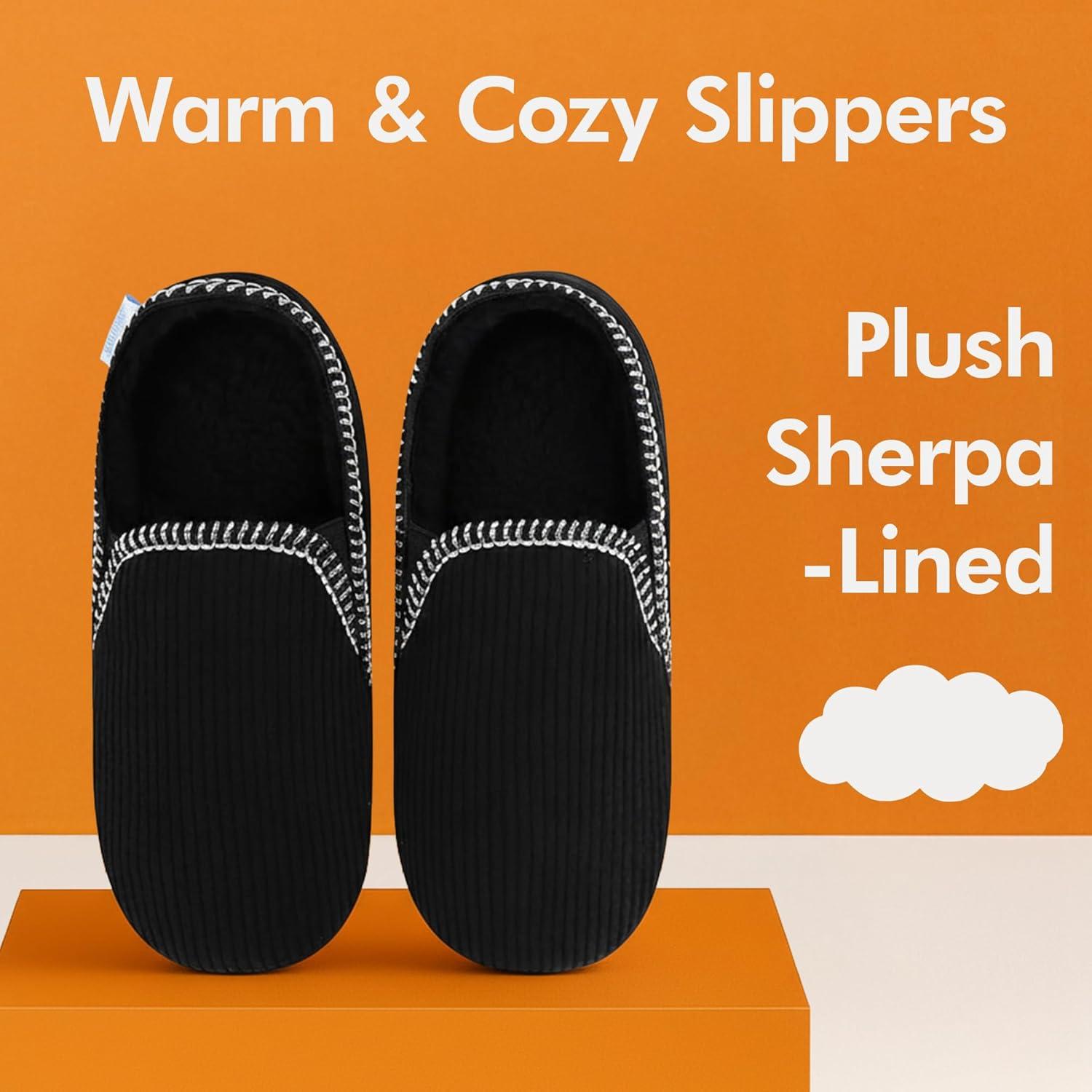 imageSnoozies Alpine Corduroy Memory Foam Slippers for Men Indoor Soft SherpaLined Mens House Shoes NonSkidBlack