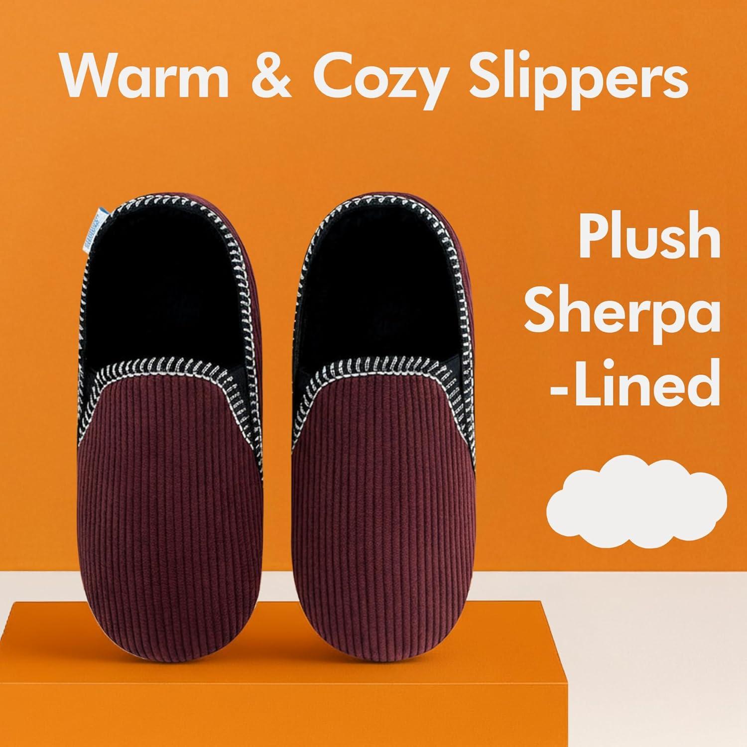 imageSnoozies Alpine Corduroy Memory Foam Slippers for Men Indoor Soft SherpaLined Mens House Shoes NonSkidBurgundy
