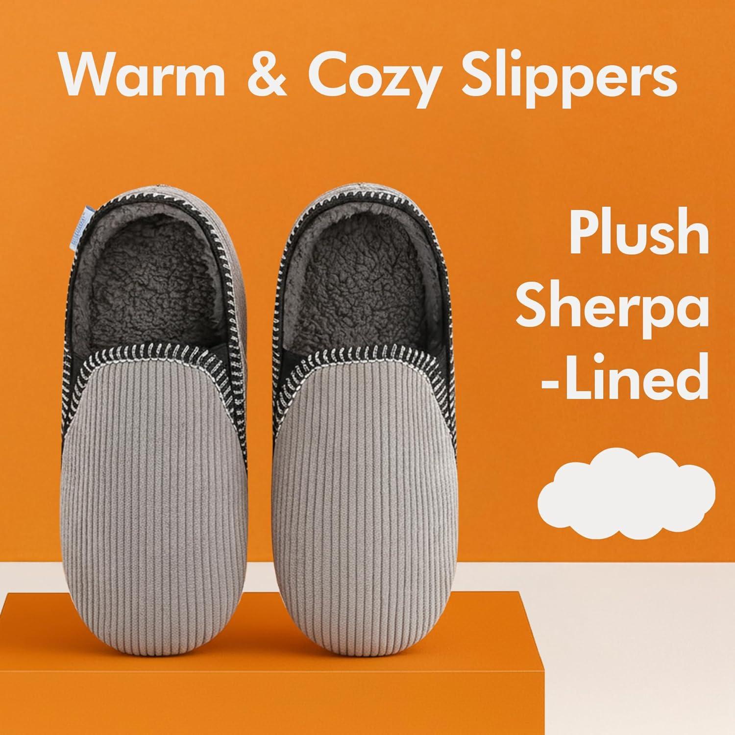 imageSnoozies Alpine Corduroy Memory Foam Slippers for Men Indoor Soft SherpaLined Mens House Shoes NonSkidLt Grey