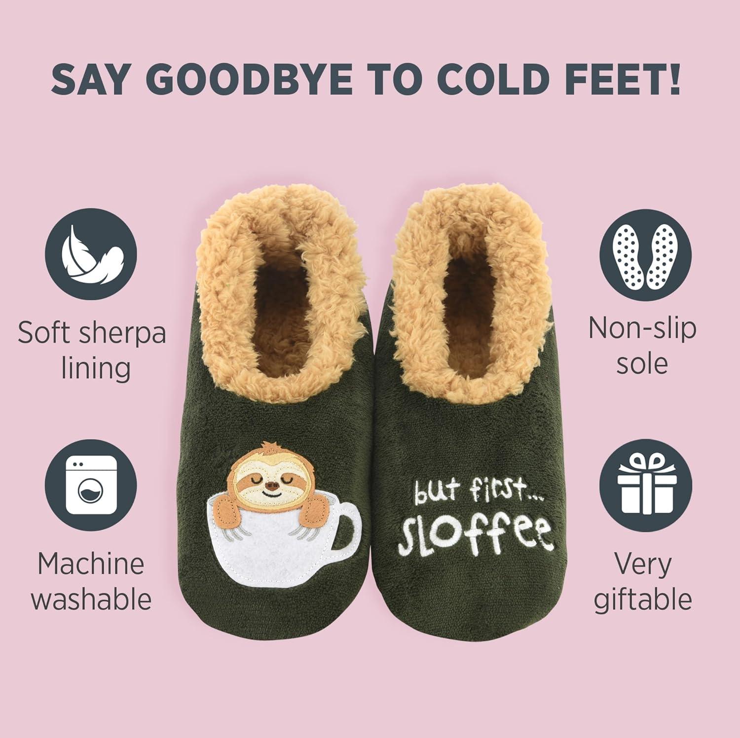imageSnoozies Pairables Wine Slippers for Women Indoor Funny Slipper Socks with Soft Sherpa Lining and NonSkid Sole Wine GiftsBut First Sloffee