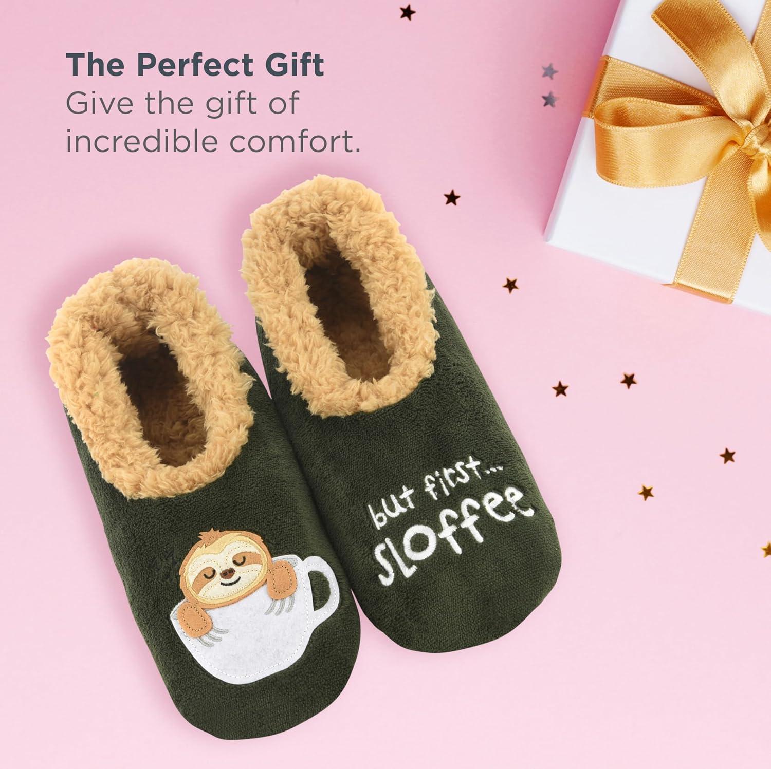 imageSnoozies Pairables Wine Slippers for Women Indoor Funny Slipper Socks with Soft Sherpa Lining and NonSkid Sole Wine GiftsBut First Sloffee
