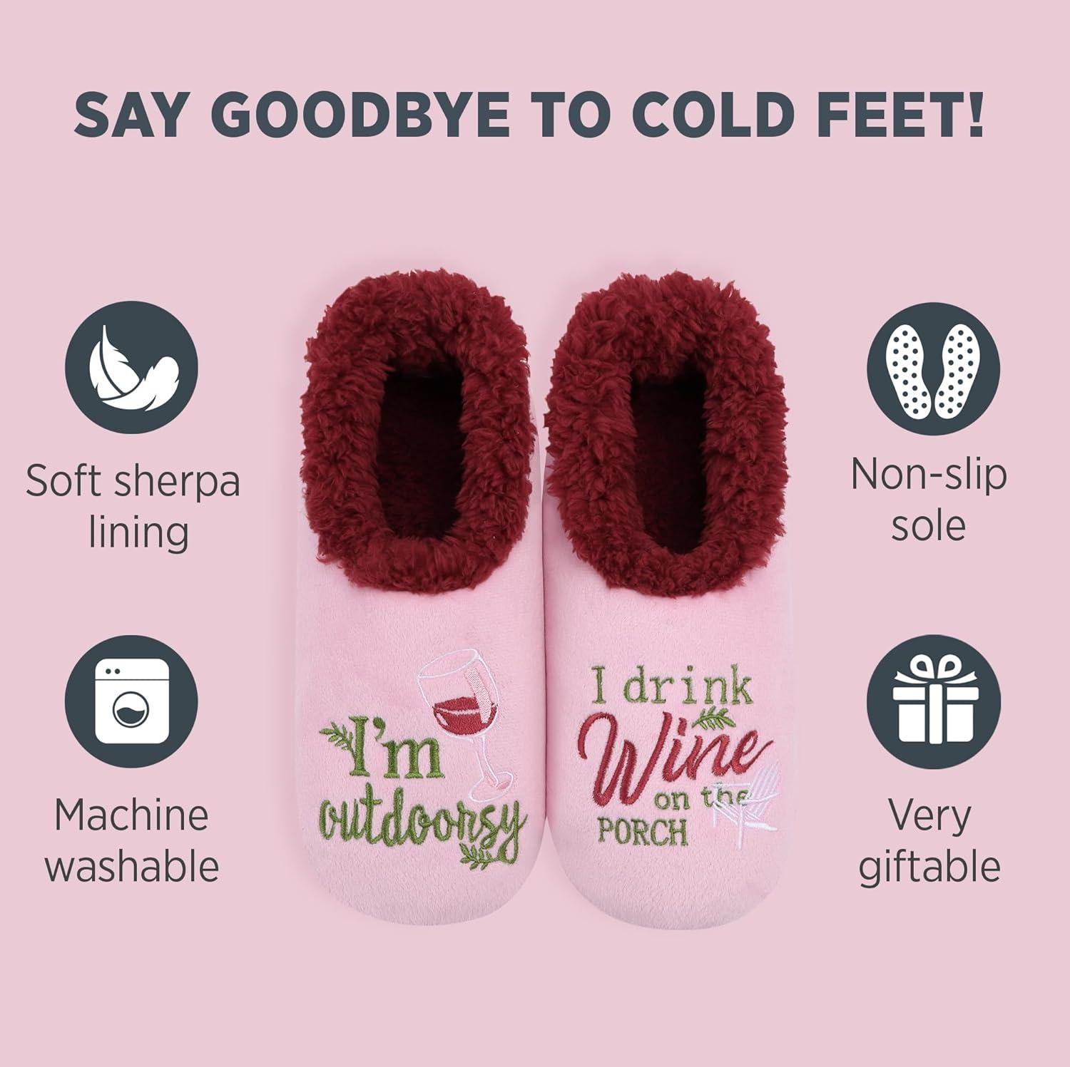 imageSnoozies Pairables Wine Slippers for Women Indoor Funny Slipper Socks with Soft Sherpa Lining and NonSkid Sole Wine GiftsIm Outdoorsy