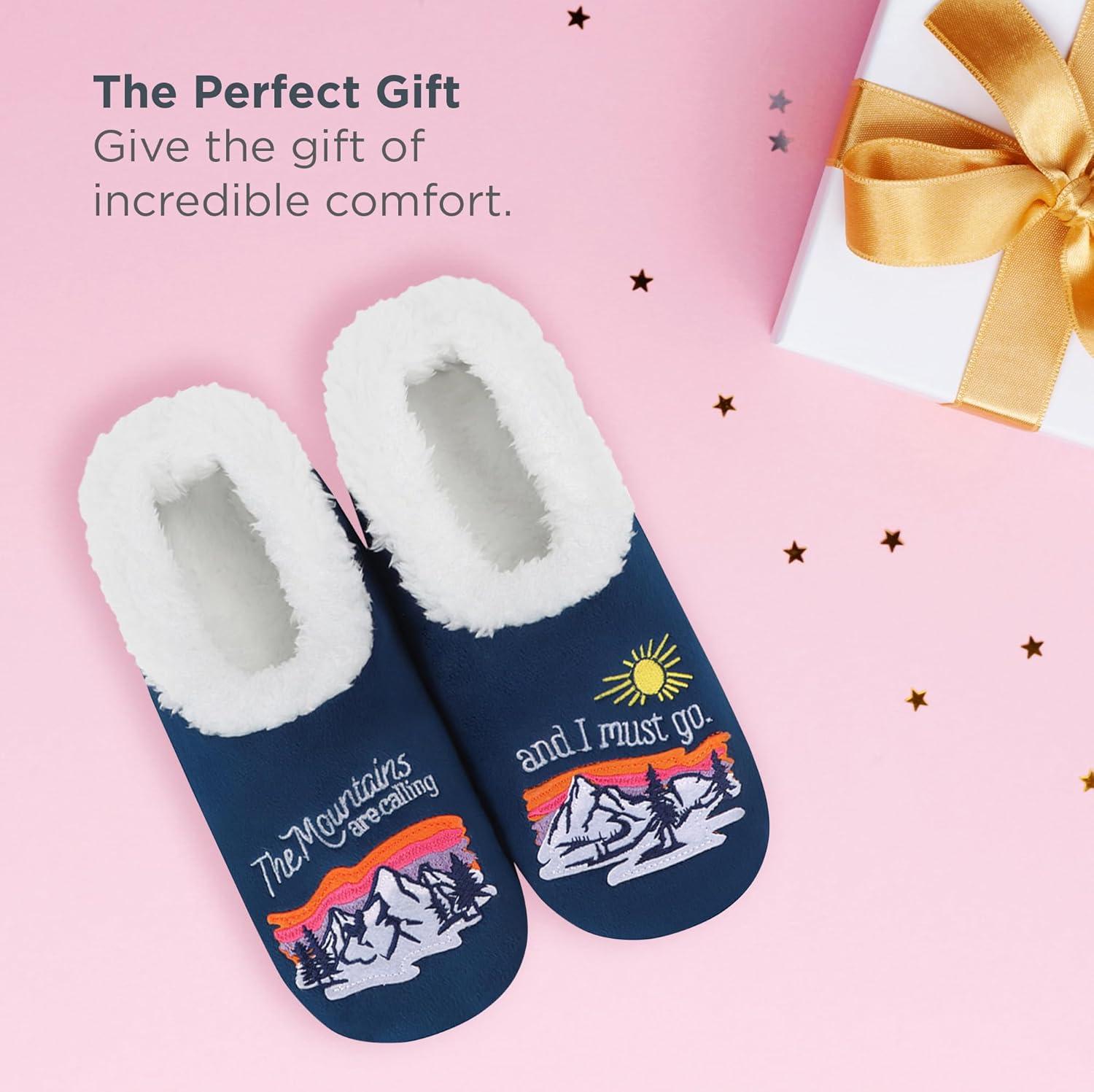 imageSnoozies Pairables Wine Slippers for Women Indoor Funny Slipper Socks with Soft Sherpa Lining and NonSkid Sole Wine GiftsThe Mountains Are Calling