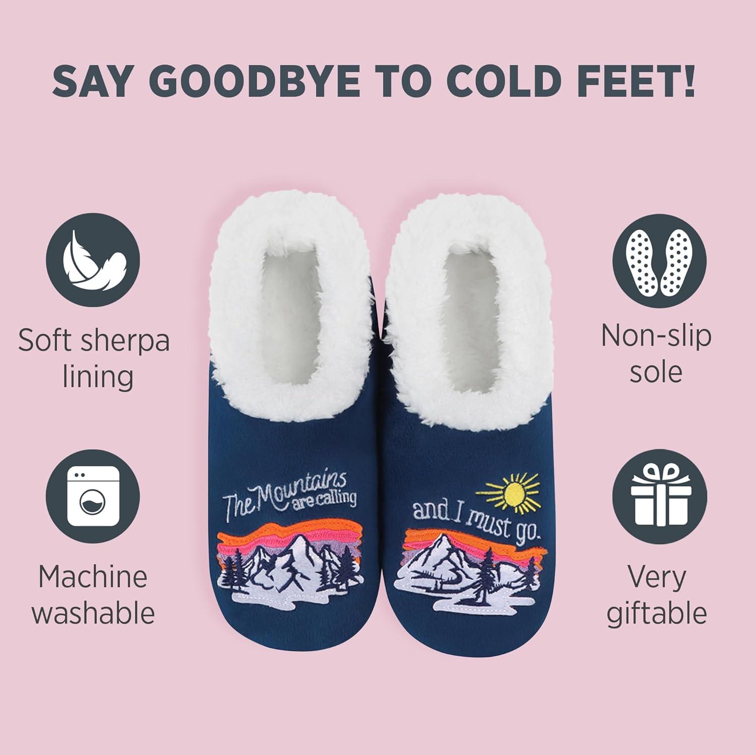 imageSnoozies Pairables Wine Slippers for Women Indoor Funny Slipper Socks with Soft Sherpa Lining and NonSkid Sole Wine GiftsThe Mountains Are Calling