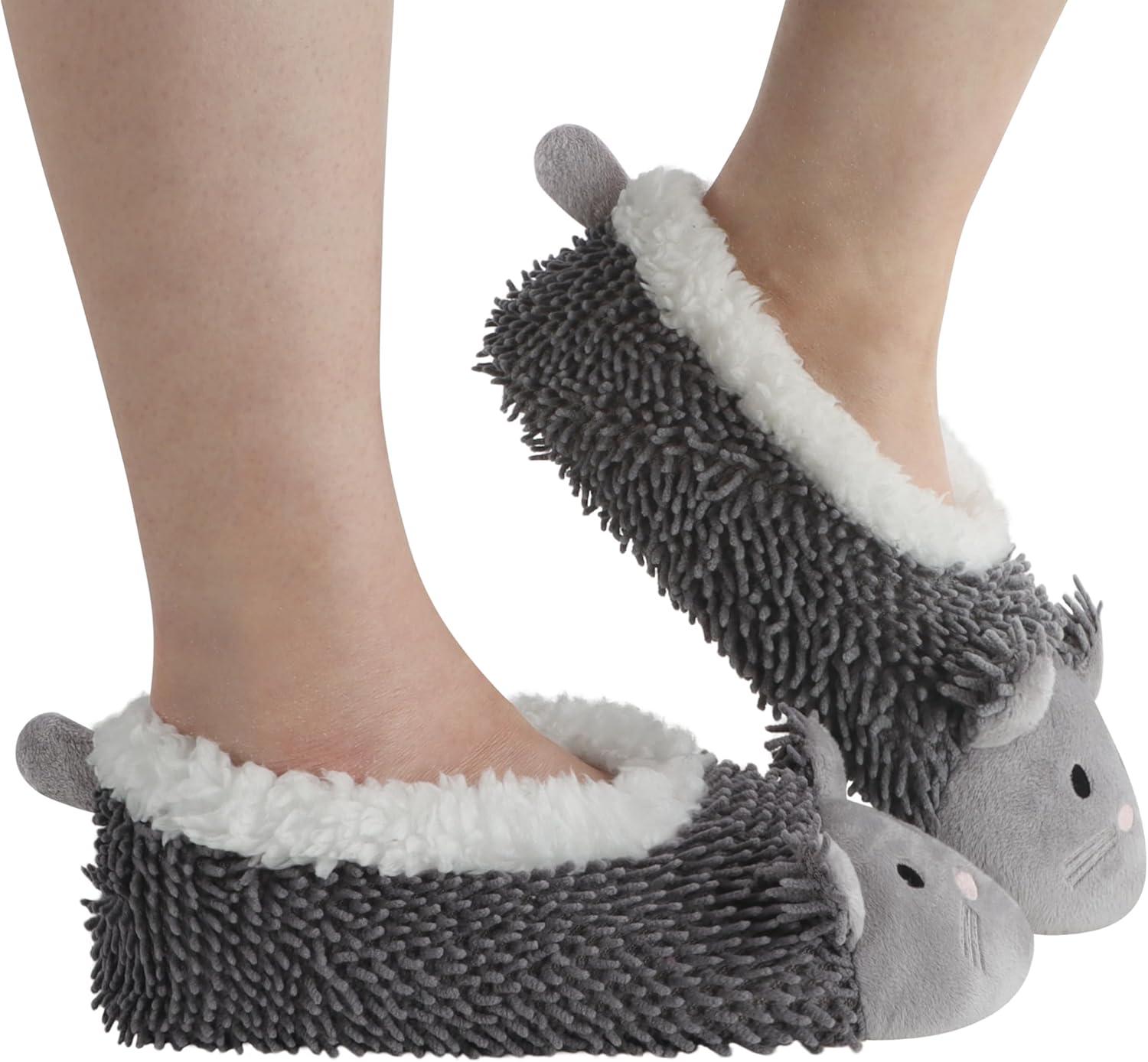 imageSnoozies Whimsical Cute Animal Slipper Socks for Women Animal Slippers Gifts for WomenGrey