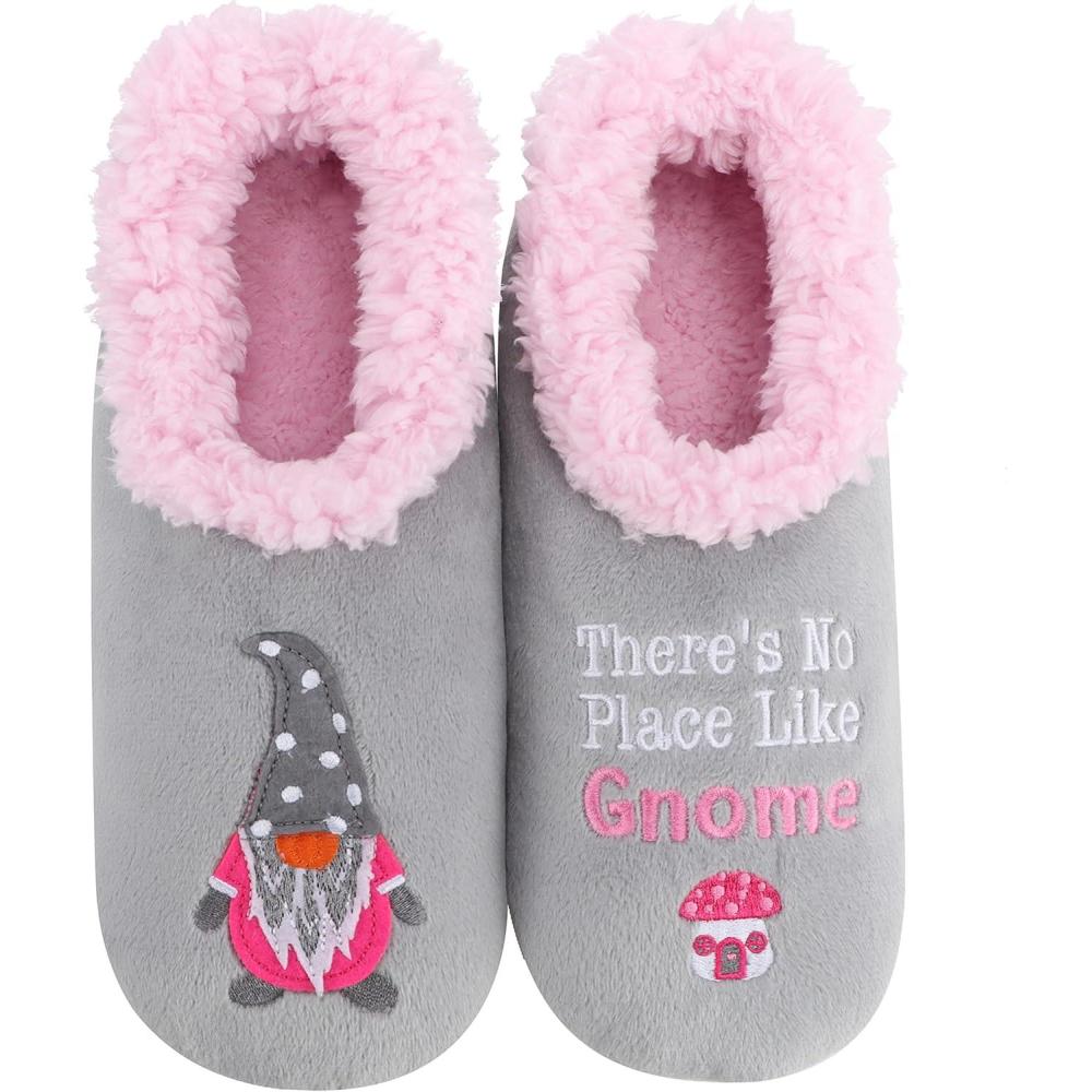 imageSnoozies Pairables Wine Slippers for Women Indoor Funny Slipper Socks with Soft Sherpa Lining and NonSkid Sole Wine GiftsTheres No Place Like Gnome