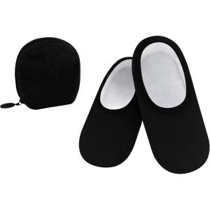 imageSnoozies Skinnies Packable and Foldable Travel Slippers for Women with Zipper Pouch Soft SherpaLined Slipper Socks NonSkidBlack