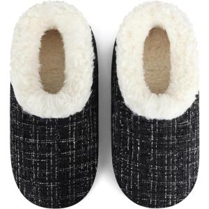 imageSnoozies Sparkle Tweed Slippers for Women with Sherpa Lining Memory Foam Slippers Indoor NonSkid SoleBlackWhite