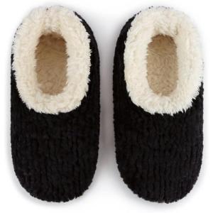 imageSnoozies Teddy Bear Faux Fur House Slippers for Women with Memory Foam Insole SherpaLined Slipper Socks NonSkidBlack