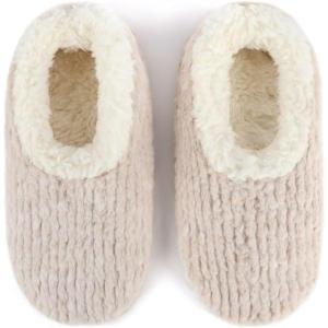 imageSnoozies Teddy Bear Faux Fur House Slippers for Women with Memory Foam Insole SherpaLined Slipper Socks NonSkidOatmeal