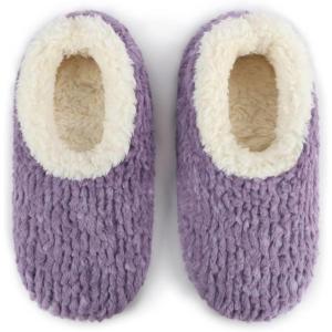 imageSnoozies Teddy Bear Faux Fur House Slippers for Women with Memory Foam Insole SherpaLined Slipper Socks NonSkidPurple