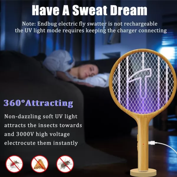 Endbug 2 in 1 Bug Zapper Racket, Dual Modes Electric Fly Swatter with Purple Attracting Light, Hangable Mosquito Zapper, Handheld Fly Zapper for Indoor &amp; Outdoor 