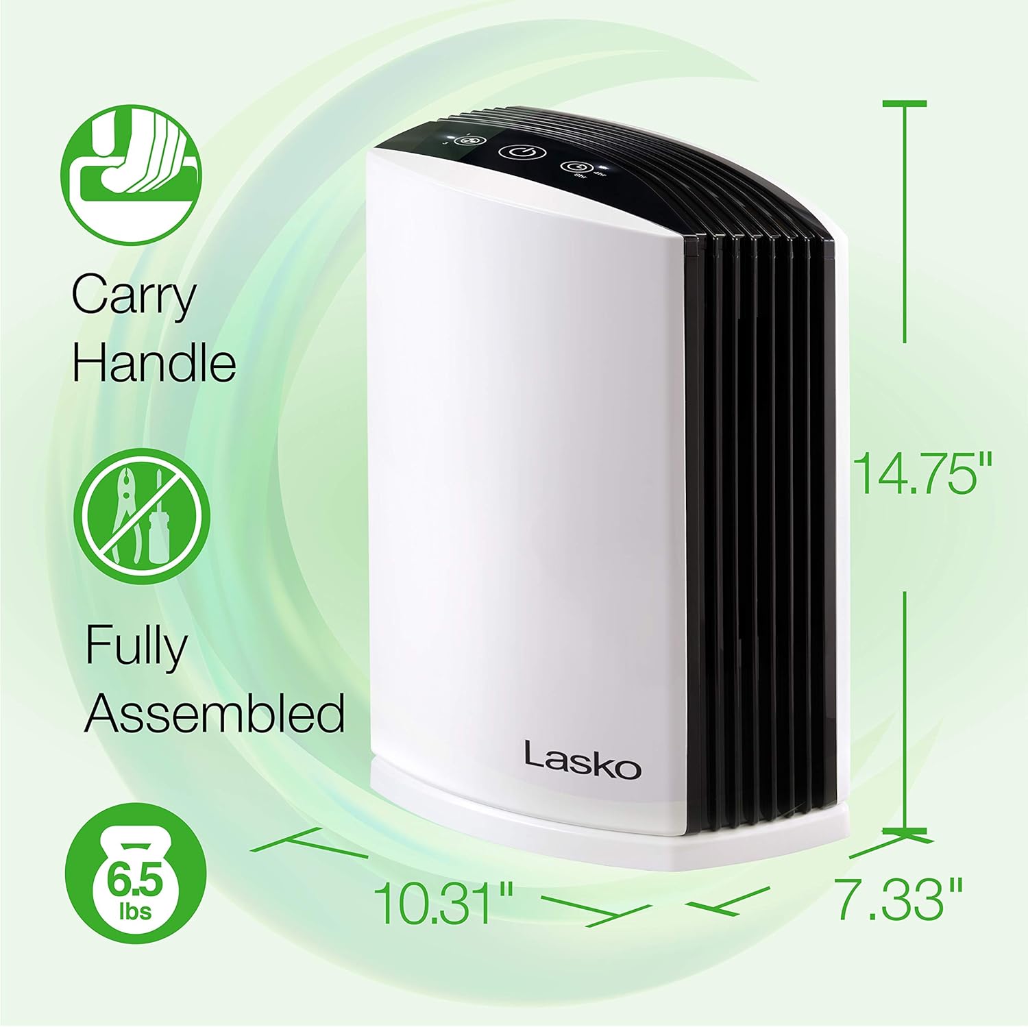 Lasko LP200 HEPA Desktop Air Purifier with Timer for a Cleaner,Fresher Home Environment –2-Stage Filtration Removes Smoke, Odors, Pet Dander, Virus Sized Particles,Pollen, 14.75" x 7.3” x 10.3”, White