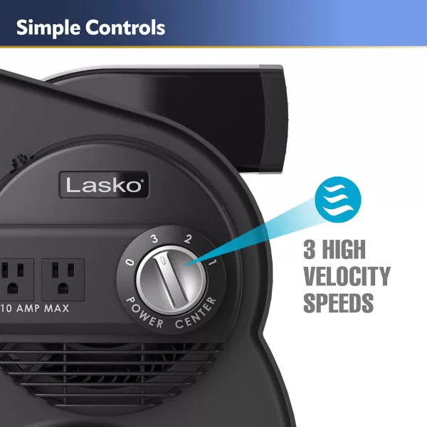 Lasko 12” Utility Fan for Job Site or Home Use, 289 CFM, Pivoting High Velocity Blower Fans, 3 Speeds, 2 Accessory Outlets 120V, Black, U12104
