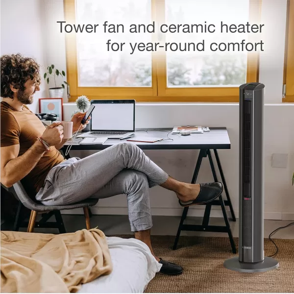 Lasko 1500 Watt 4 Speed Quiet Bladeless Multi Function Remote Control Comfort Control Tower Fan and Space Heater with 3 Heat Settings, White