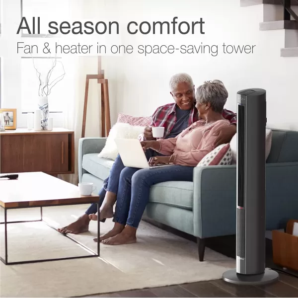 Lasko 1500 Watt 4 Speed Quiet Bladeless Multi Function Remote Control Comfort Control Tower Fan and Space Heater with 3 Heat Settings, White